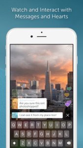 iPhone Apple Periscope app message with hearts live video interaction globally San Francisco Sunset in background Transamerica building